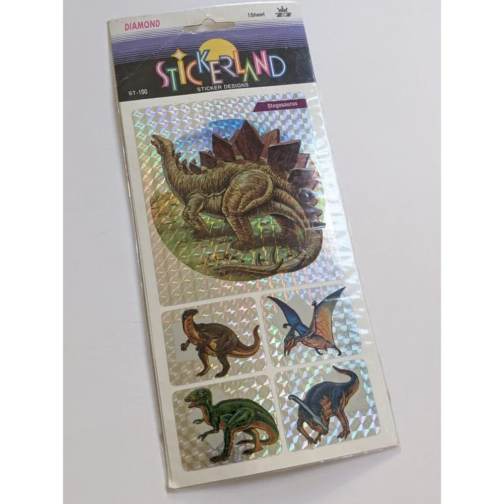 Vintage 1993 Stickerland Diamond‎ Dinosaur Holographic Sticker Sheet Stegosaurus